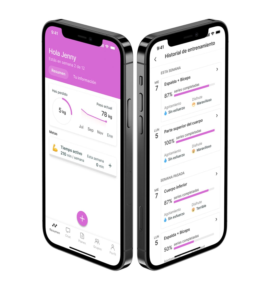 Un mockup de la app de coaching mostrando las funciones.
