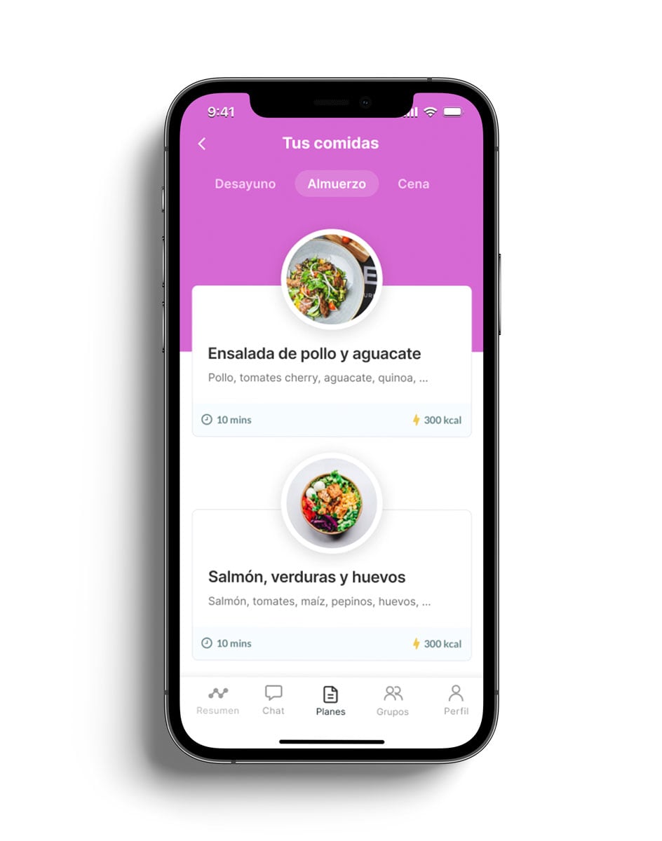 Un mockup de la app de coaching mostrando las funciones.